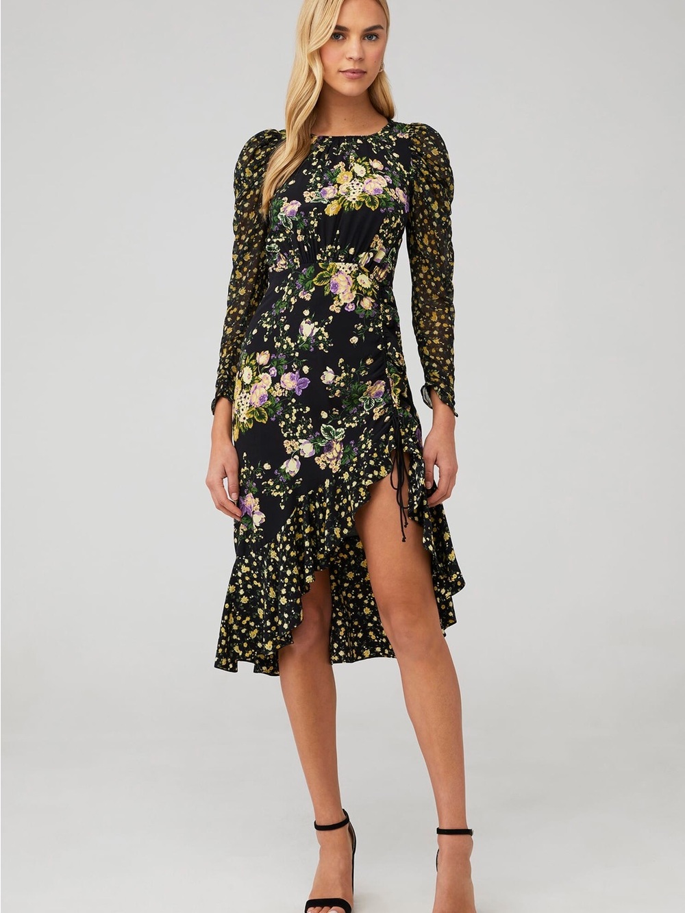 FOR LOVE AND LEMONS Ross Black Floral Asymmetrical Midi Dress - Picture 2 of 8
